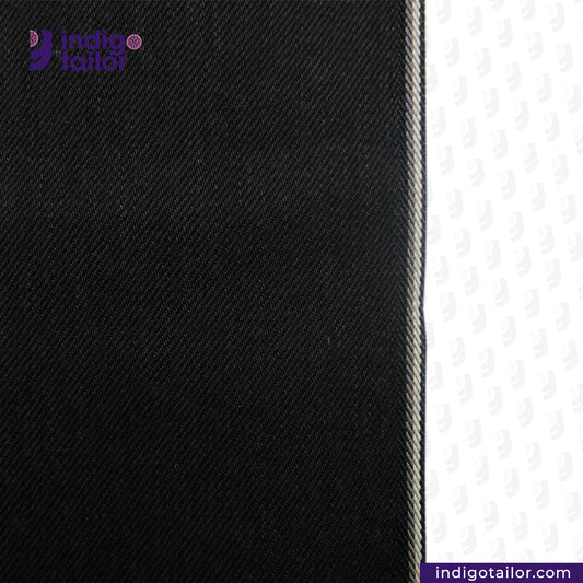 DOUBLE BLACK OREO SELVEDGE DENIM fabric swatch with Indigotailor logo and website URL.