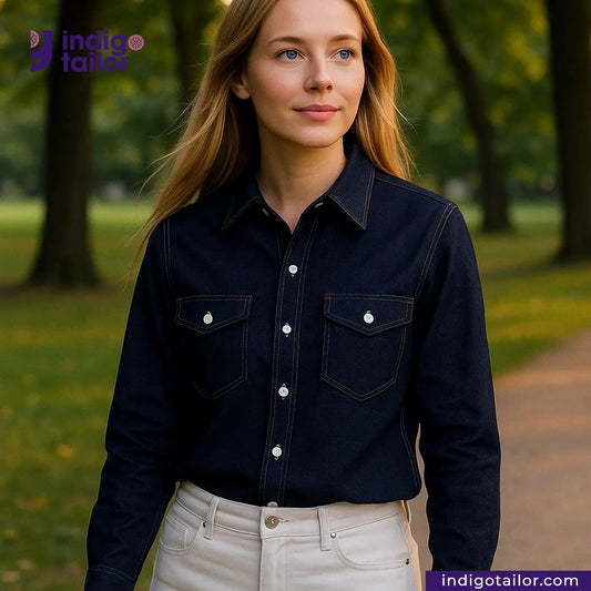 Woman wearing a DOUBLE BLACK STRETCH SELVEDGE DENIM shirt in a park setting with 'indigotailor' branding.