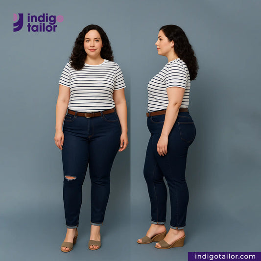 Woman wearing a striped shirt and DOUBLE DIPPED INDIGO SELVEDGE DENIM jeans, shown from front and side views, with Indigotailor logo.