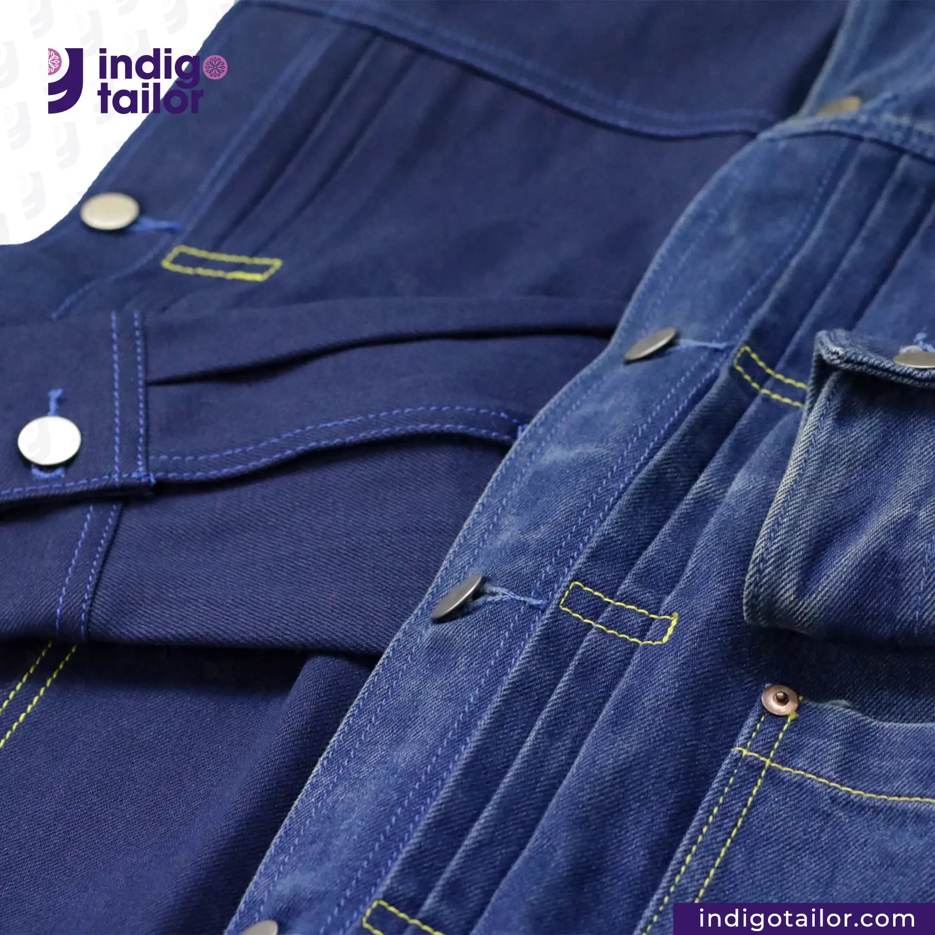 Close-up of a DOUBLE DIPPED TRIPLE PLEAT REPRO denim jacket with visible branding, featuring the 'Indigotailor' logo.