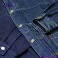 Close-up of a DOUBLE DIPPED TRIPLE PLEAT REPRO denim jacket with visible branding and stitching details.