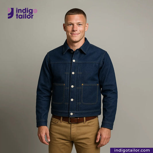 Man wearing a DOUBLE DIPPED TRIPLE PLEAT REPRO denim jacket with Indigotailor logo and website on a gray background