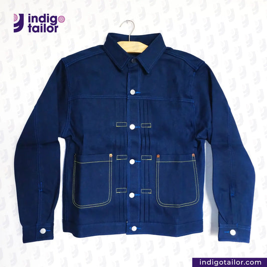 DOUBLE DIPPED TRIPLE PLEAT REPRO jacket on a hanger with 'indigotailor' branding on a white background