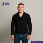 Man wearing a Double Breasted Knit Peacoat (Black) with 'Indigo Tailor' logo in the corner.