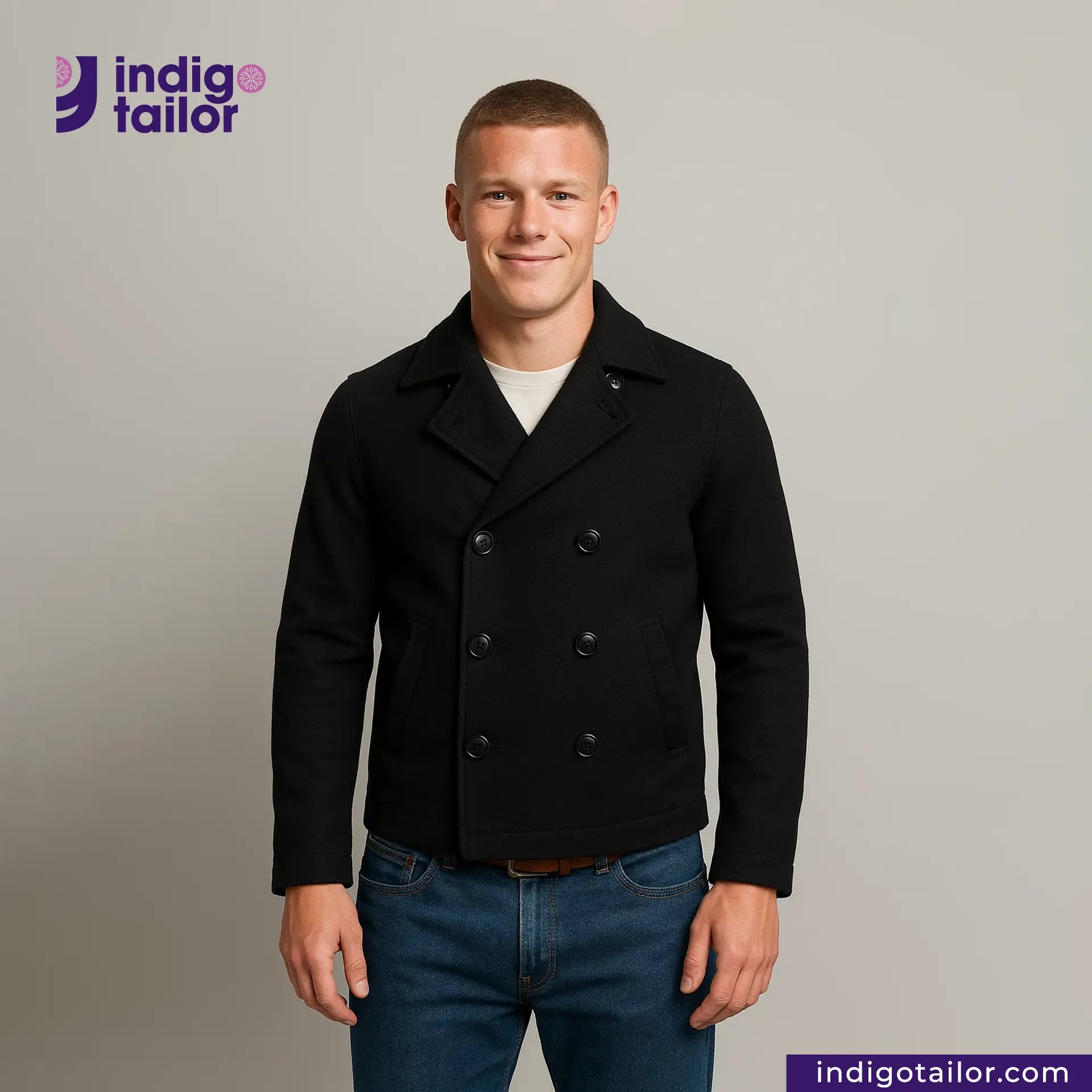 Man wearing a Double Breasted Knit Peacoat (Black) with 'Indigo Tailor' logo in the corner.