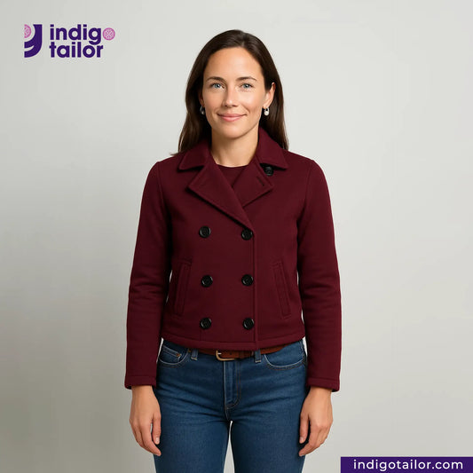 Woman wearing a Double Breasted Knit Peacoat (Burgundy) with 'Indigo Tailor' logo above her.