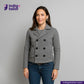 Woman wearing a Double Breasted Knit Peacoat (Grey) with Indigotailor logo and website on a gray background