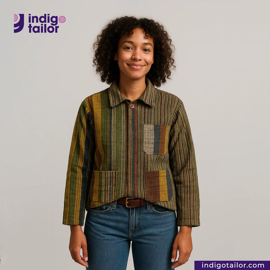 Person wearing a EARTH JACKET shirt and jeans with 'Indigo Tailor' logo.