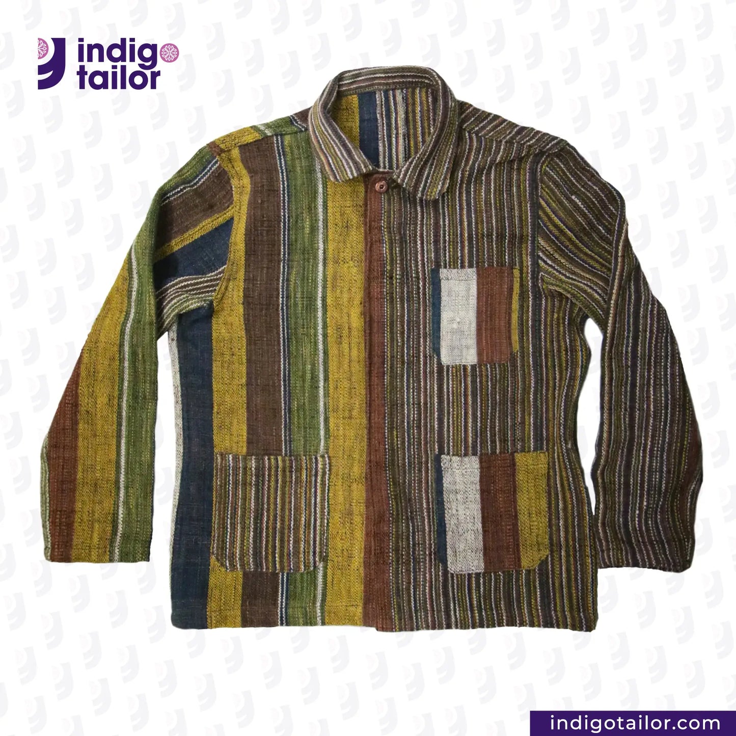 Colorful EARTH JACKET with patchwork design on a white background, featuring the Indigotailor logo.