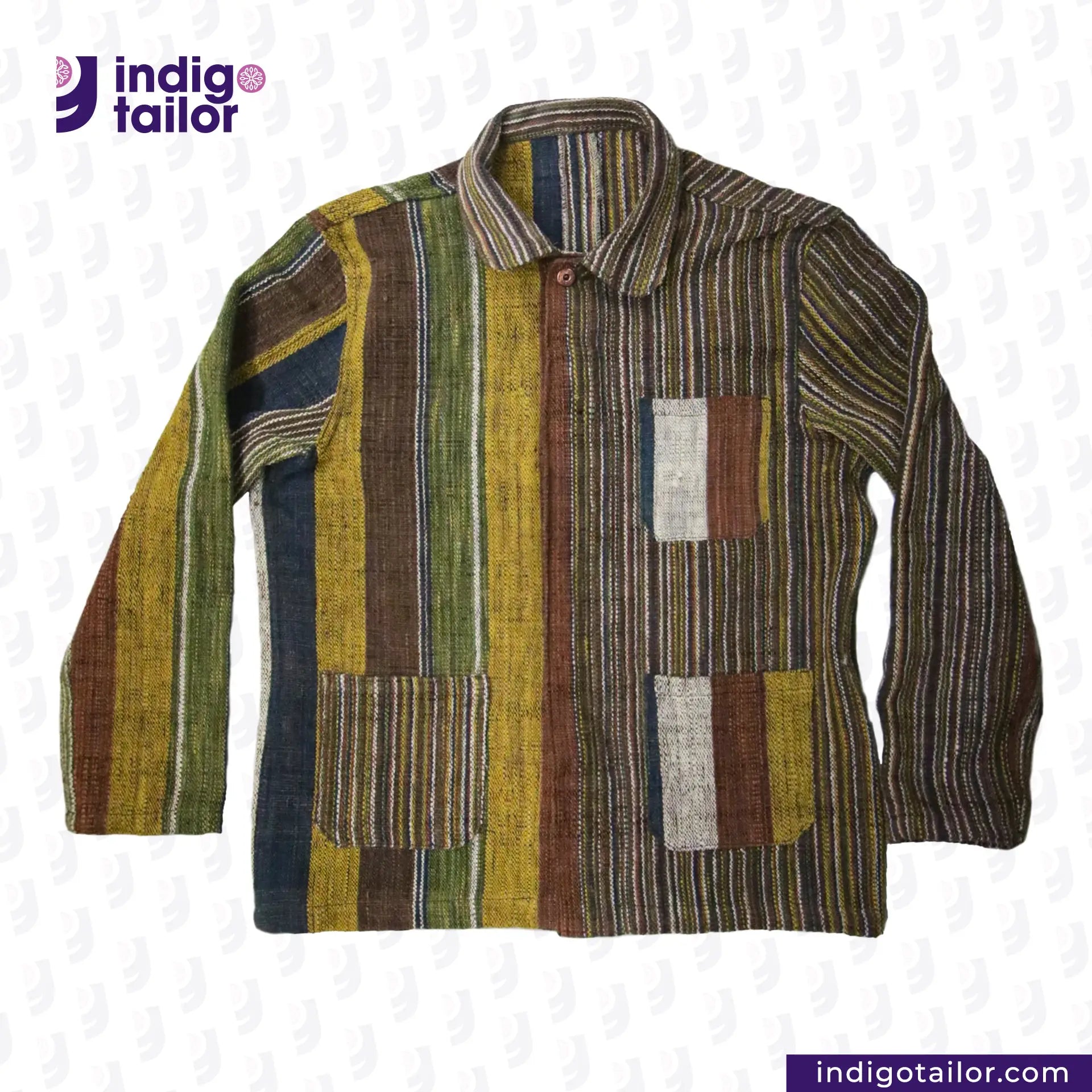Colorful EARTH JACKET with patchwork design on a white background, featuring the Indigotailor logo.
