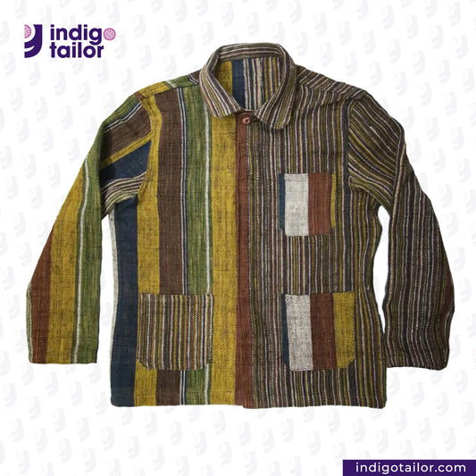 Colorful EARTH JACKET with patchwork design on a white background, featuring the Indigotailor logo.