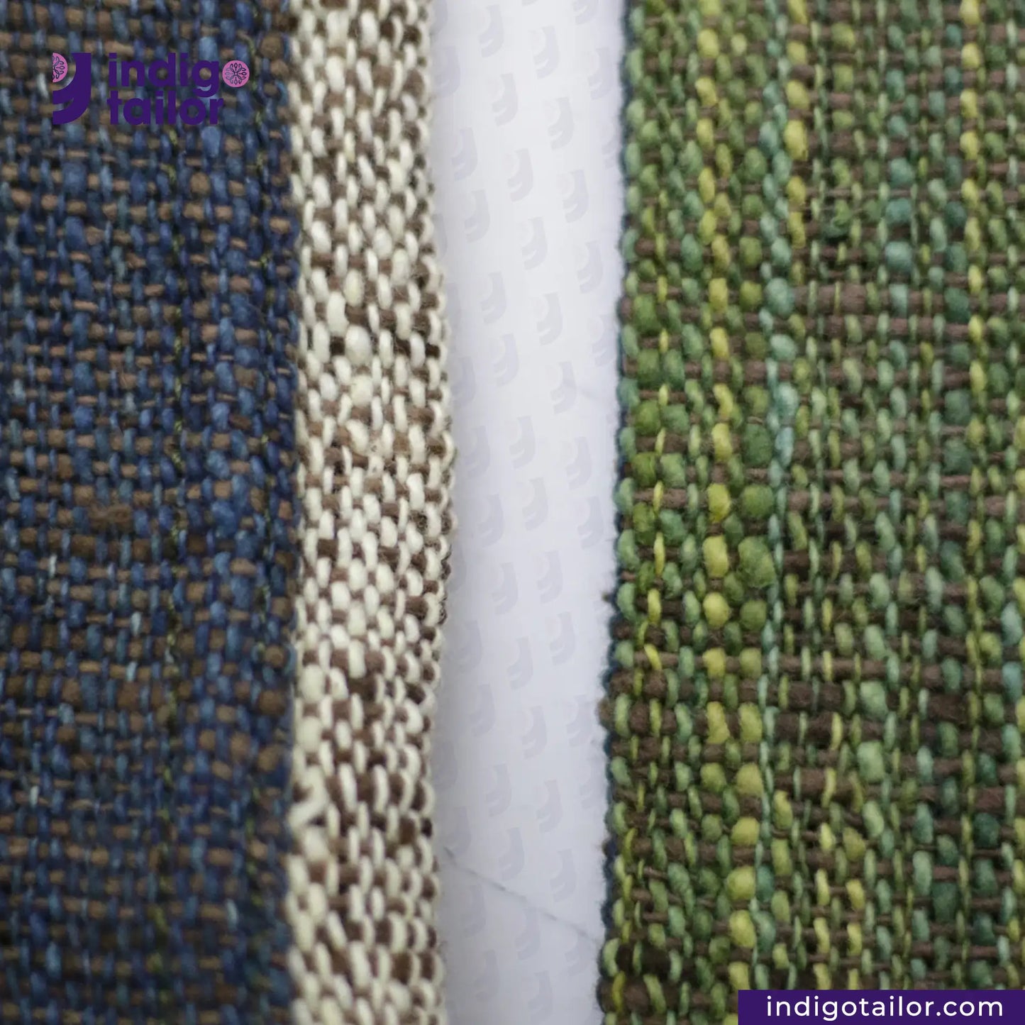 EARTH JACKET fabric swatches in blue, beige, and green with 'Indigo Tailor' branding.