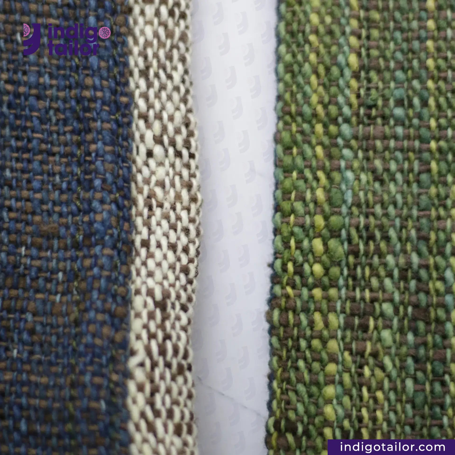 EARTH JACKET fabric swatches in blue, beige, and green with 'Indigo Tailor' branding.