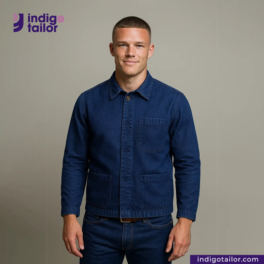Man wearing a EASY JACKET INDIGO CANVAS with Indigotailor logo and website on a gray background