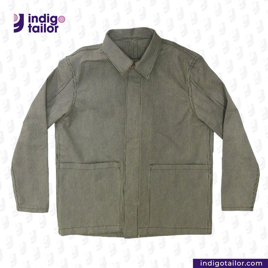 EASY JACKET OLIVE WABASH ONE WASH on a white background with 'Indigo Tailor' branding.