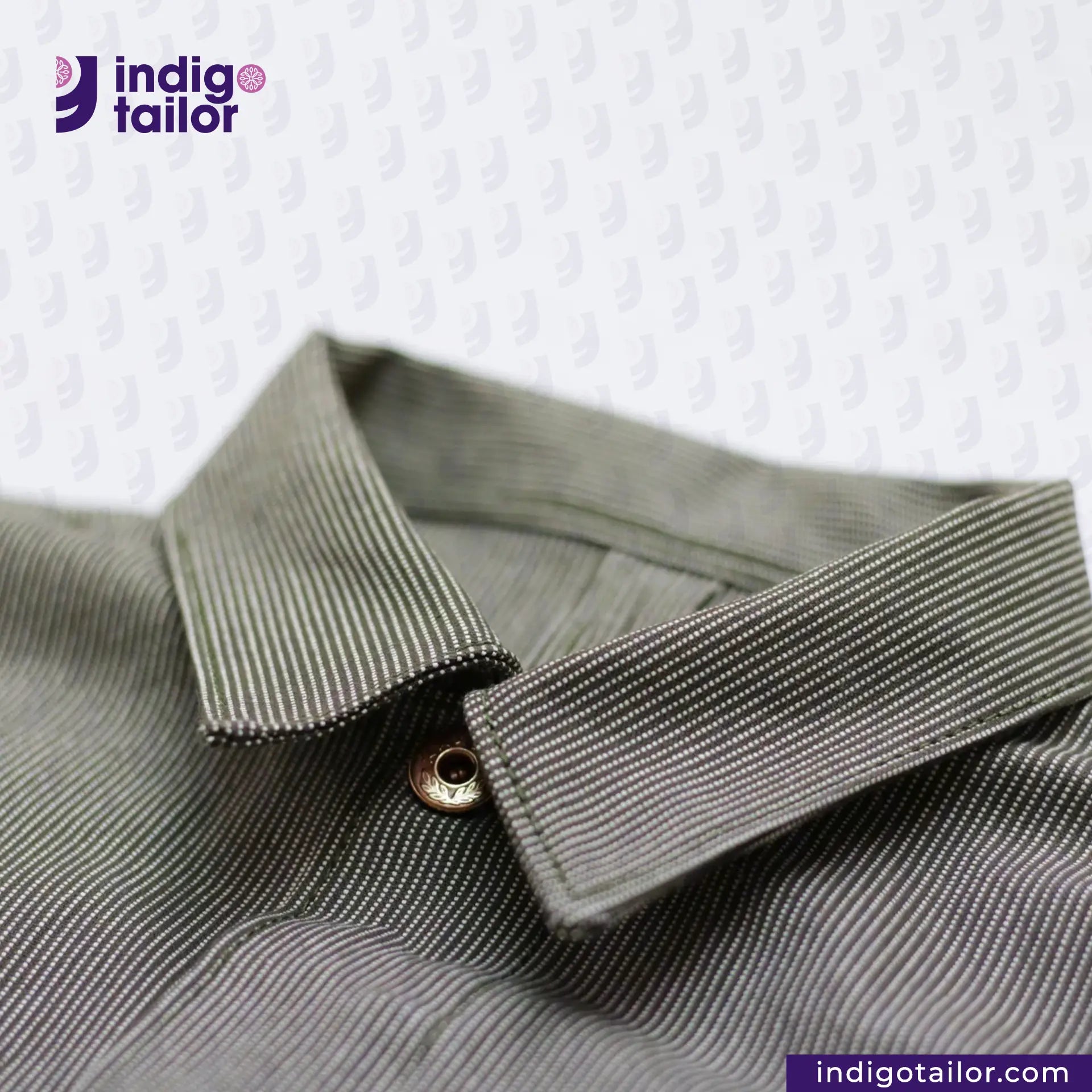 Close-up of a EASY JACKET OLIVE WABASH ONE WASH collar with 'Indigotailor' logo in the corner.
