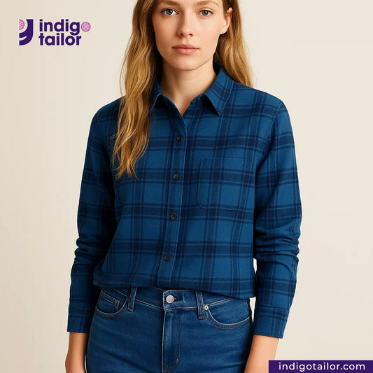 Woman wearing a FLANNEL AN ARRAY OF BLUES shirt and jeans with Indigotailor logo.