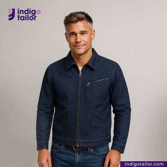 Man wearing a FLIGHT JACKET with 'Indigo Tailor' logo above