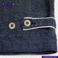 Close-up of a FLIGHT JACKET with buttons and white piping on a white background, featuring the Indigo Tailor logo.
