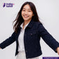 Woman wearing a FLORAL EMBOSSED DENIM jacket over a white shirt with 'Indigo Tailor' branding.