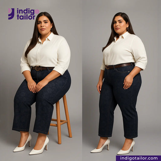 Woman wearing a white shirt and FLORAL EMBOSSED DENIM pants with Indigo Tailor branding.