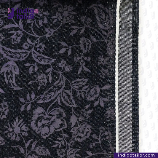 FLORAL EMBOSSED DENIM fabric with a visible brand logo on a white background