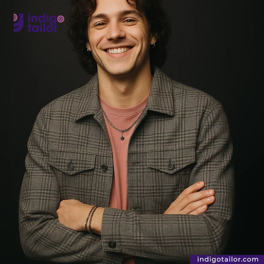 Man wearing a GREYHOUND TWEED HOUNDSTOOTH shirt over a pink shirt with 'Indigo Tailor' logo.