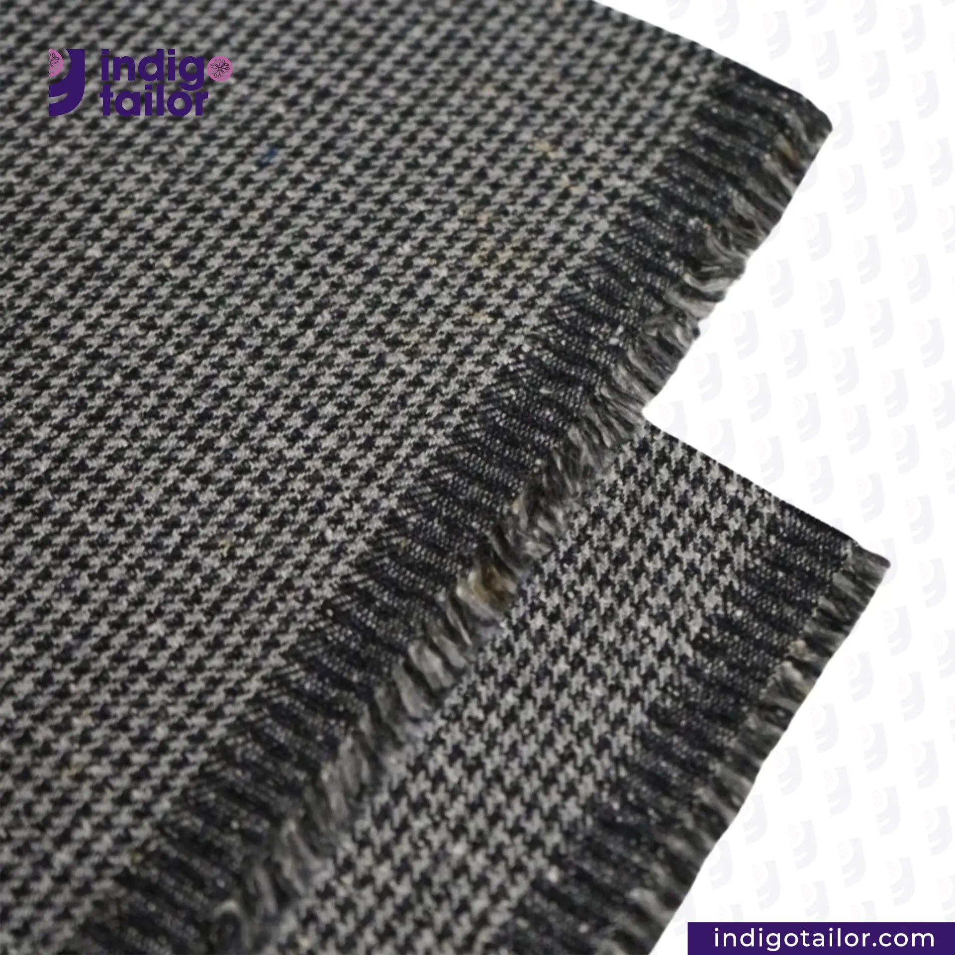 Close-up of GREYHOUND TWEED HOUNDSTOOTH fabric with 'Indigotailor' logo.
