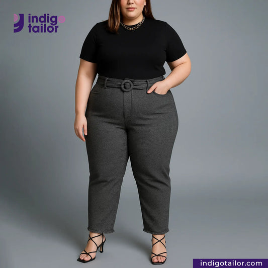 Woman wearing a black top and GREYHOUND TWEED HOUNDSTOOTH pants with an Indigo Tailor logo on a gray background