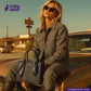 Woman in a GREYHOUND TWEED PLAID outfit with sunglasses and a handbag sitting on a car, with 'indigotailor' branding.