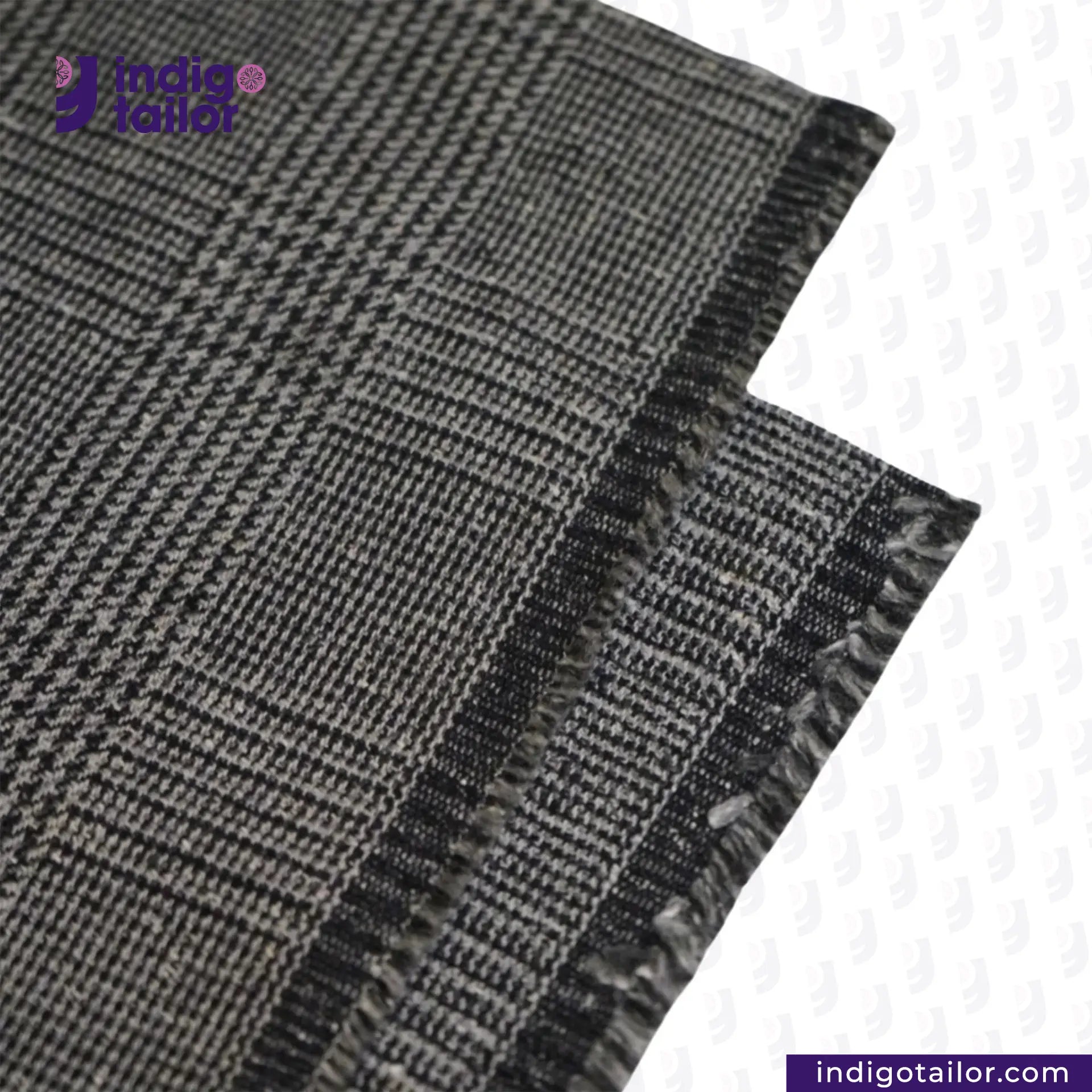 GREYHOUND TWEED PLAID fabric with 'Indigo Tailor' logo on a white background