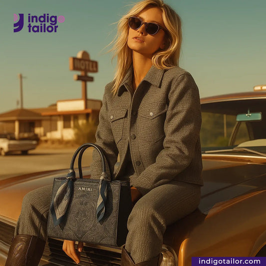 Woman in a GREYHOUND TWEED PLAID outfit with sunglasses and a handbag sitting on a car, with 'indigotailor' branding.