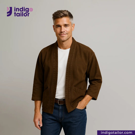 Man wearing a HAORI JACKET BROWN SUEDE over a white shirt with 'indigotailor' branding.