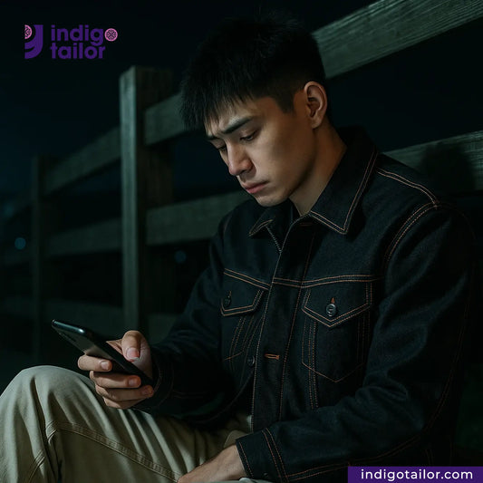 Man using a phone in a dark setting with 'Indigo Tailor' branding. wearing HEAVY DOUBLE BLACK ORANGE SELVEDGE ID jacket.
