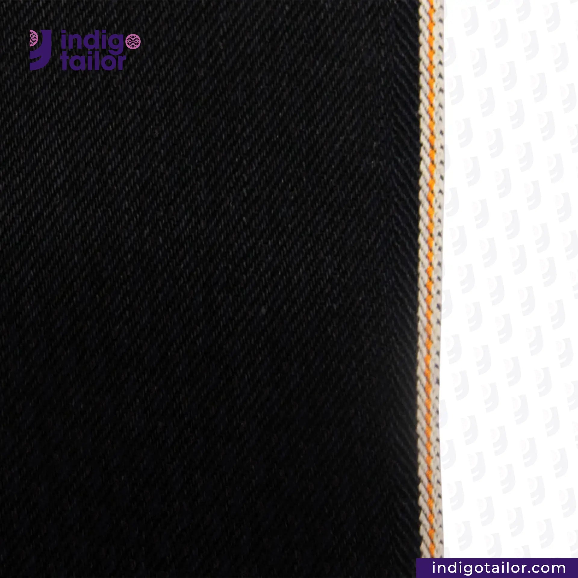 Close-up of HEAVY DOUBLE BLACK ORANGE SELVEDGE ID fabric with orange stitching detail, featuring Indigotailor logo.