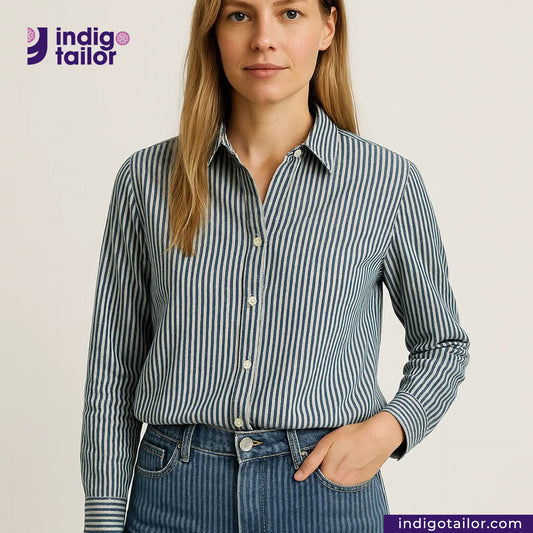 Woman wearing a HICKORY BLUEWHITE STRIPE shirt and jeans with Indigotailor logo and website.