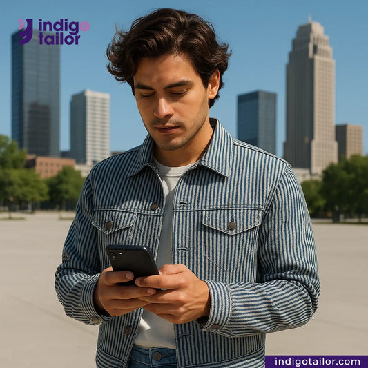 Man using a phone with a city skyline in the background, featuring the Indigo Tailor brand. wearing HICKORY STRIPE jacket.