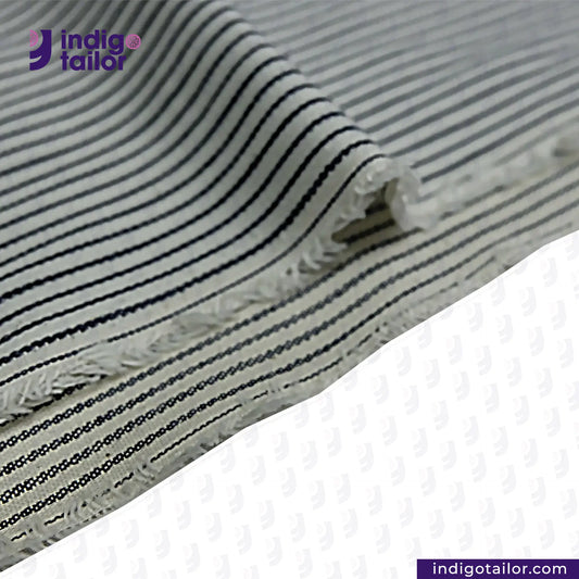 Close-up of HICKORY STRIPE fabric with 'Indigotailor' logo.