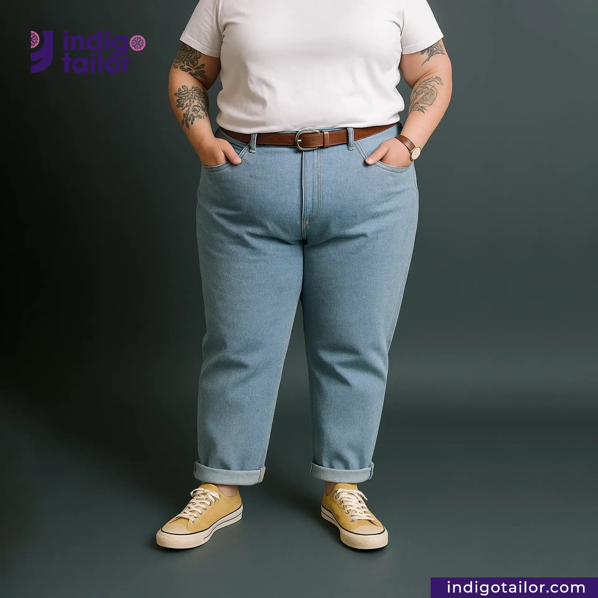 Person wearing ICE BLUE SELVEDGE DENIM jeans and a white shirt with a dark background