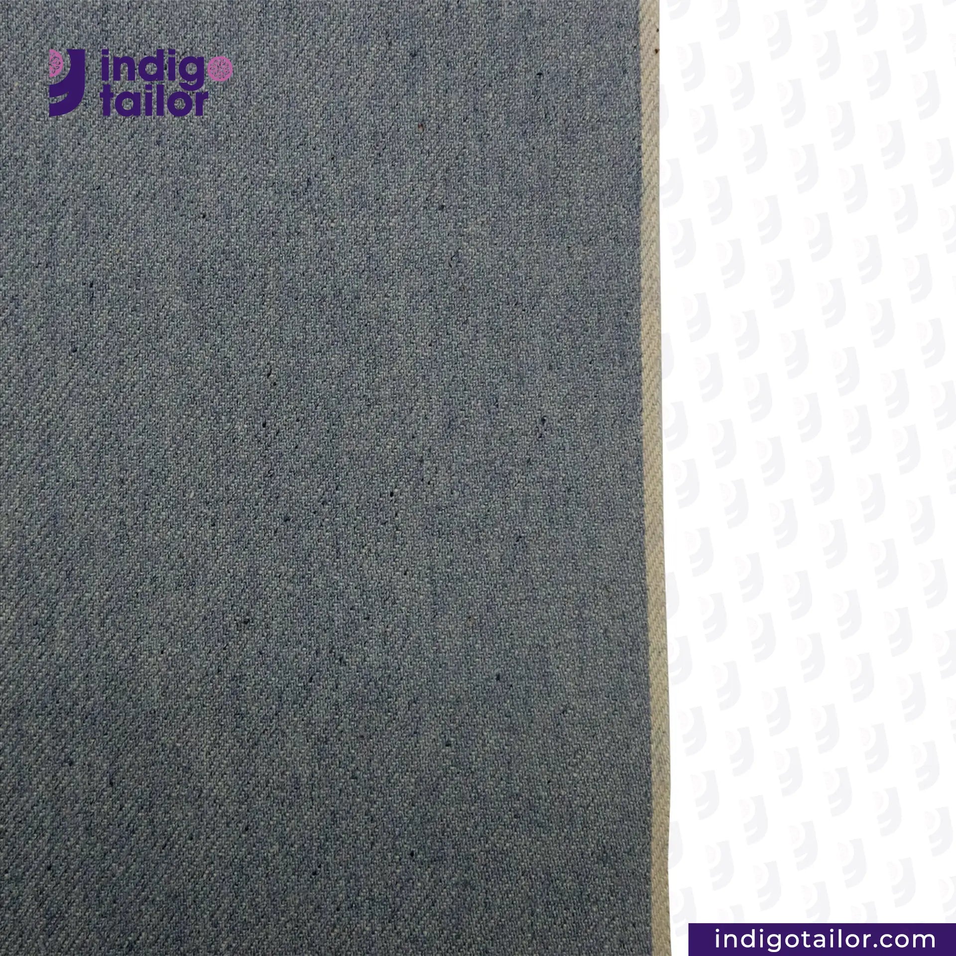 ICE BLUE SELVEDGE DENIM fabric swatch on a white background with 'Indigotailor' logo.