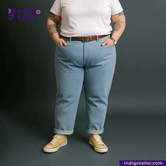 Person wearing ICE BLUE SELVEDGE DENIM jeans and a white shirt with a dark background