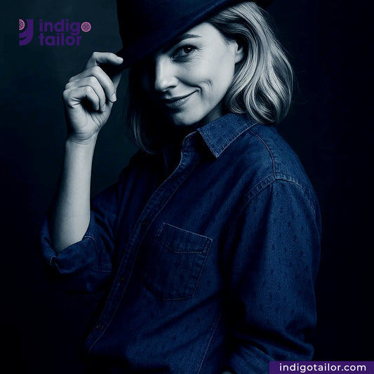 Woman wearing a INDIGO DIAMOND JACQUARD shirt and black hat with 'Indigotailor' branding.