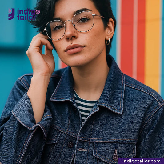 Person wearing a INDIGO DUCK CANVAS Shirt with a colorful background, featuring the Indigotailor logo.