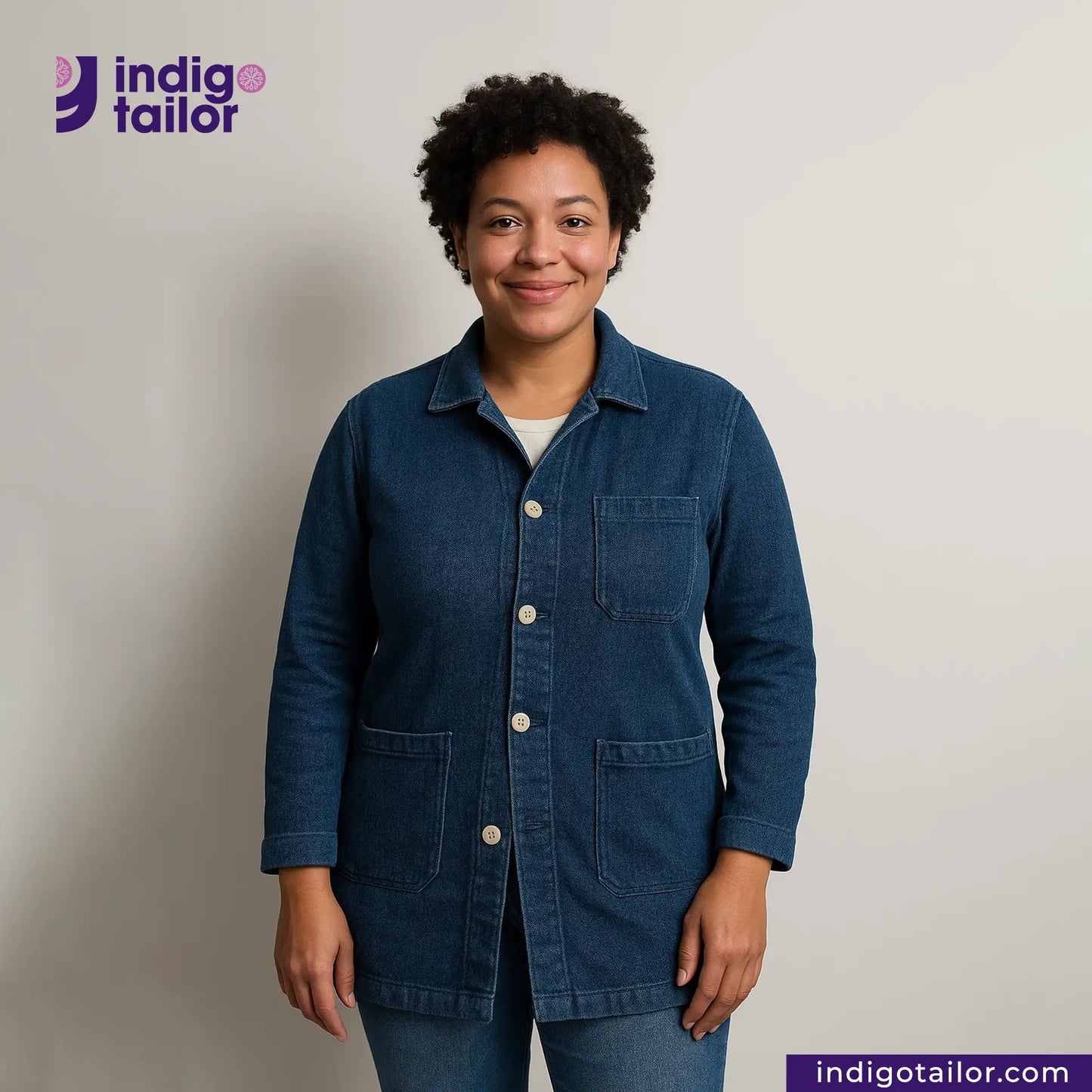 Person wearing a INDIGO DYED LAB COAT with Indigotailor logo and website on a plain background