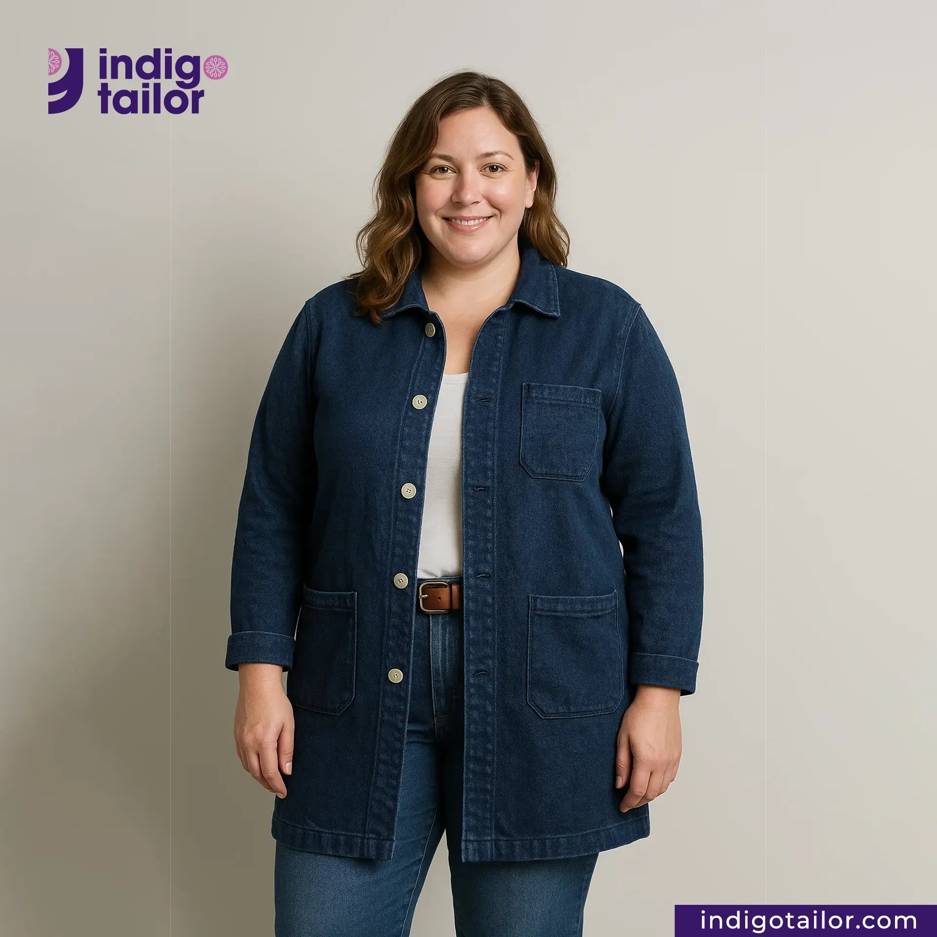 Woman wearing a INDIGO DYED LAB COAT with 'Indigo Tailor' logo and website on a plain background