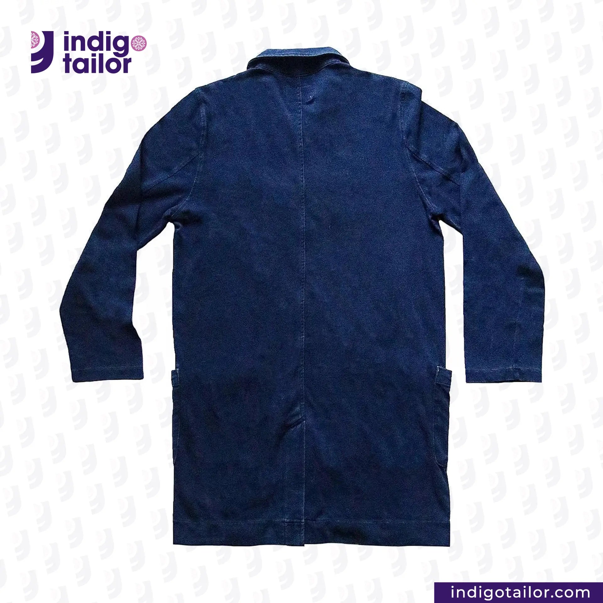 INDIGO DYED LAB COAT on a white background with 'Indigo Tailor' logo.