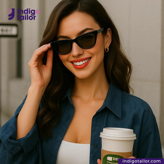 Woman wearing INDIGO FLORAL JACQUARD Shirt with sunglasses and holding a coffee cup with Indigo Tailor branding.