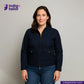 Woman wearing a INDIGO HARRINGTON JACKET with 'Indigo Tailor' logo on a gray background