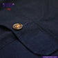 Close-up of a button on a INDIGO HARRINGTON JACKET with 'Indigotailor' branding.