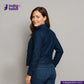 Woman wearing a INDIGO HARRINGTON JACKET and jeans with 'Indigo Tailor' logo.